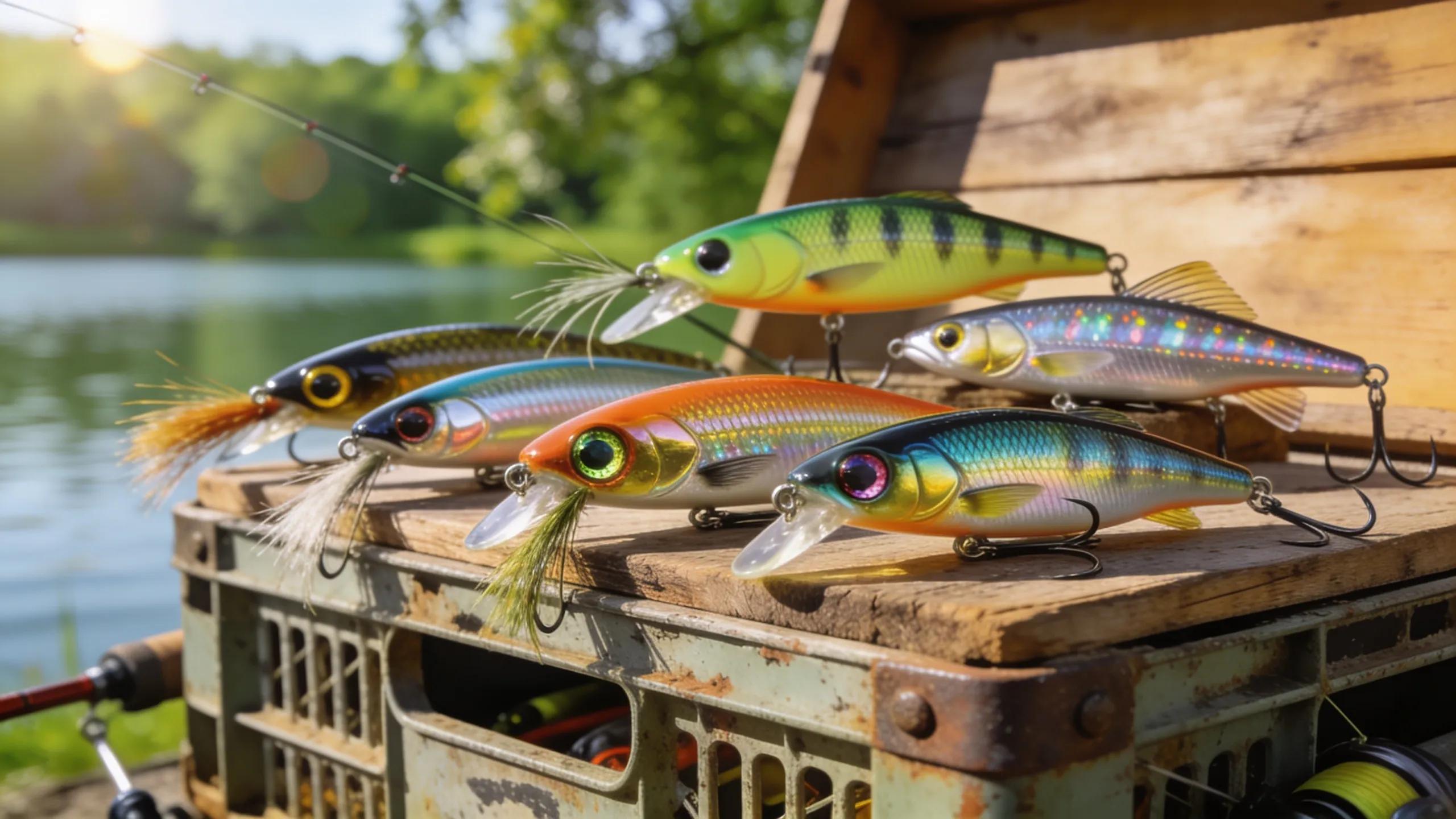 Assorted colorful crankbaits for bass fishing in spring and summer, displayed on a fishing crate